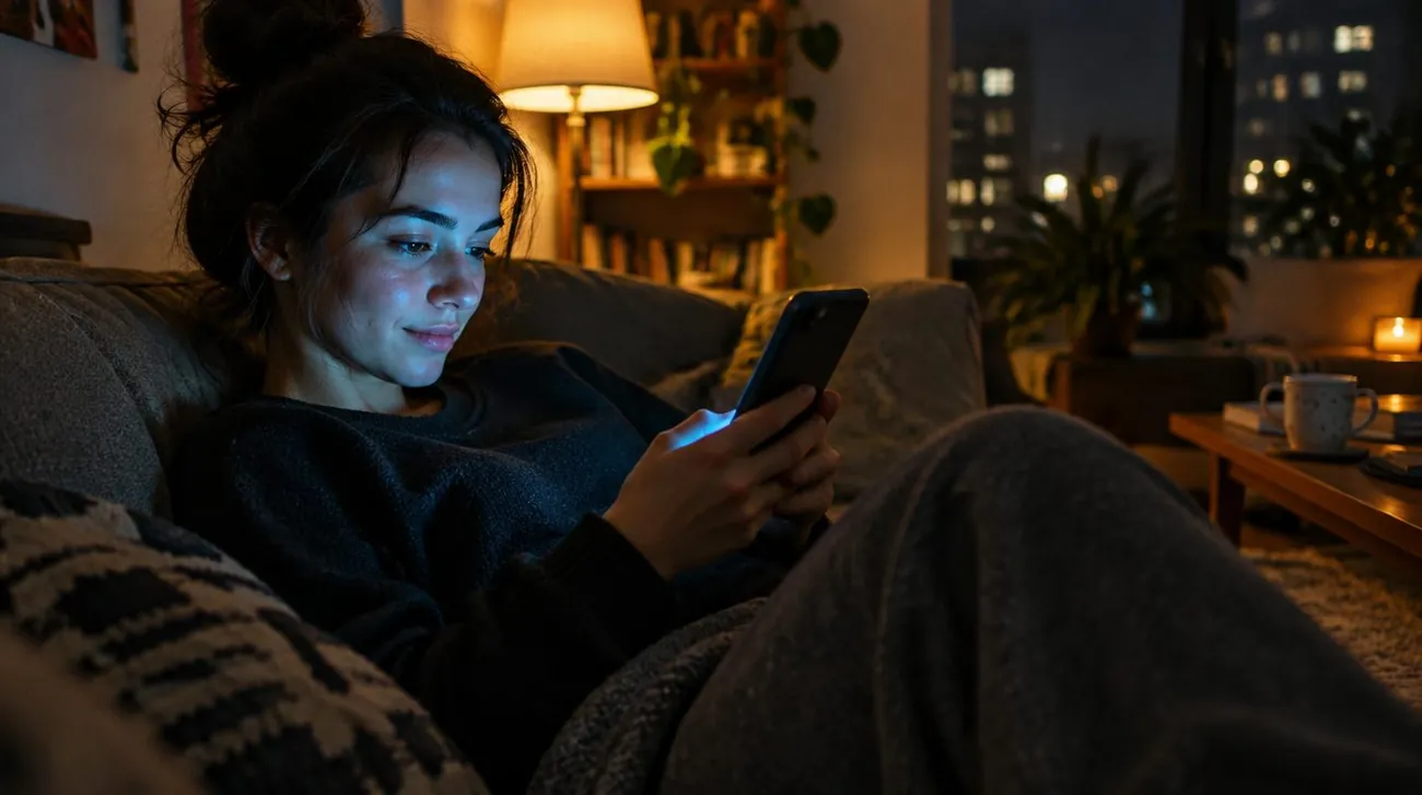 Frau abends auf dem Sofa mit Smartphone